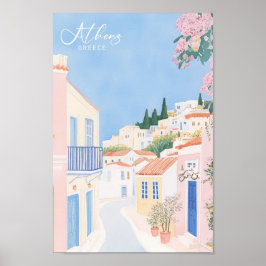 Aten Grekland Gouache Paint Illustration Travel Poster