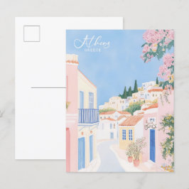 Aten Grekland Gouache Paint Illustration Travel Vykort