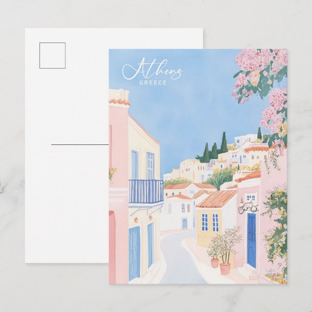 Aten Grekland Gouache Paint Illustration Travel Vykort (Fram/baksida)