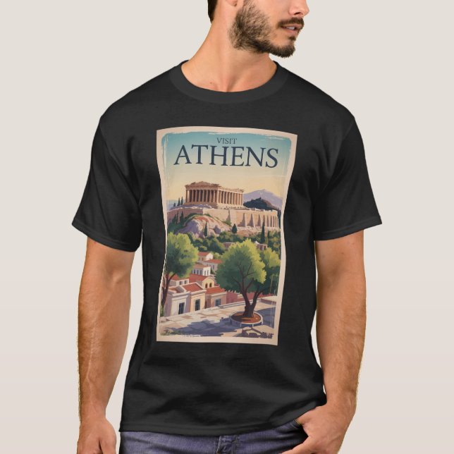Aten Grekland Illustration Travel Art Vintage T Shirt (Framsida)
