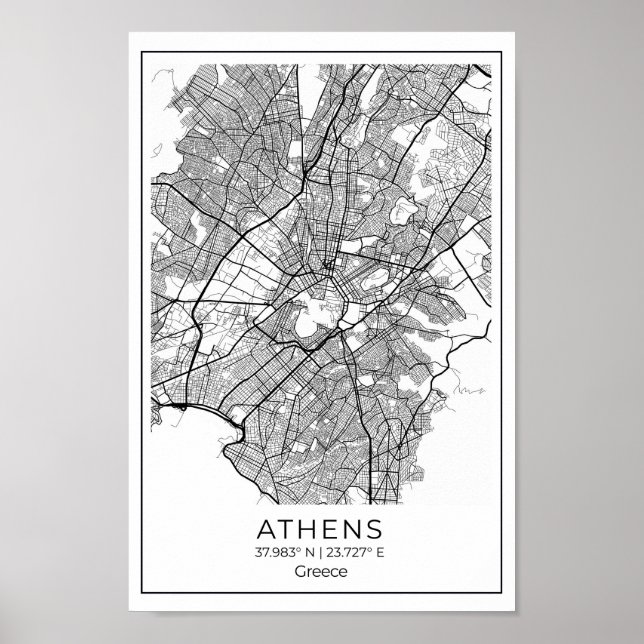 Aten Karta - Athnes Black and White Karta Poster (Framsidan)