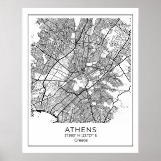 Aten Karta - Athnes Black & White Karta Poster