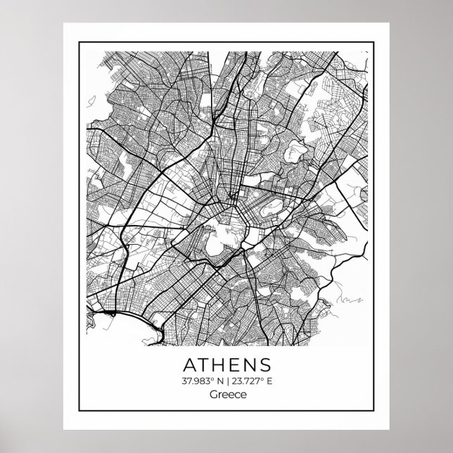 Aten Karta - Athnes Black & White Karta Poster (Framsidan)