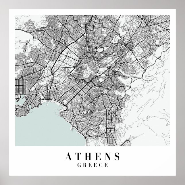 Atena Greece Blue Vatten Street Karta Poster (Framsidan)