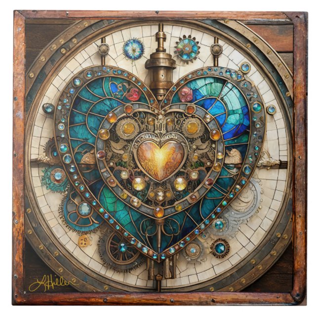 Återfärgat Glas hjärta Steampunk Serie Kakelplatta (Framsidan)