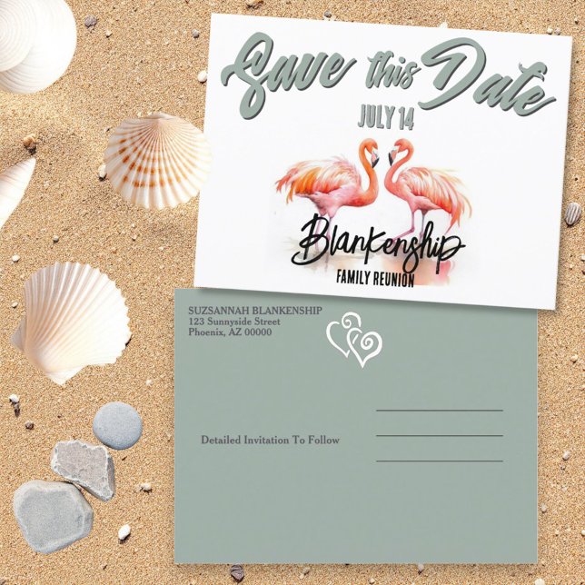 Återförening av den tropiska familjen Flamingos Sp Meddelande Vykort (Save the Date template postcard front and back )