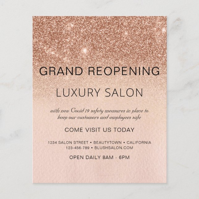 Återinvigning Rosa Guld Lyx Glitter Salon Flygblad (Framsidan)