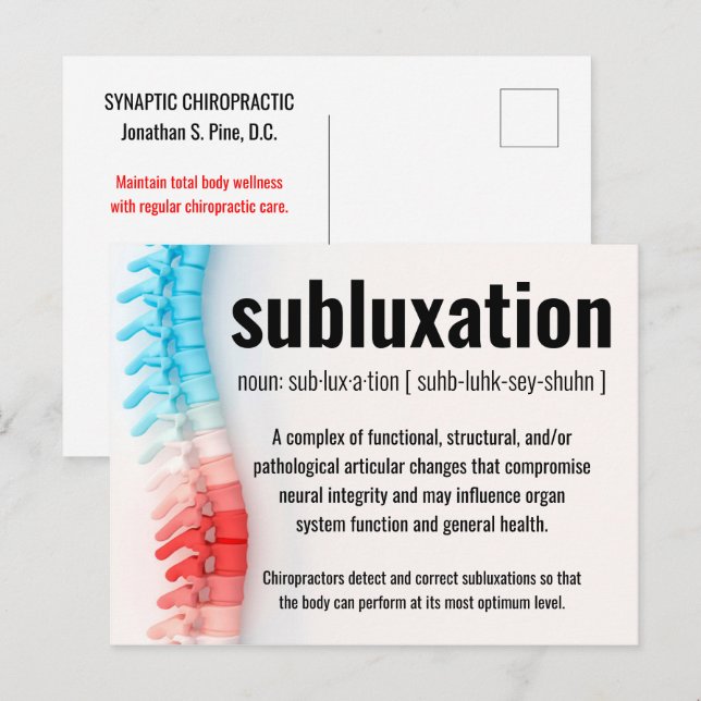 Återkallande/reaktivering av subluxation-chiroprak vykort (Fram/baksida)