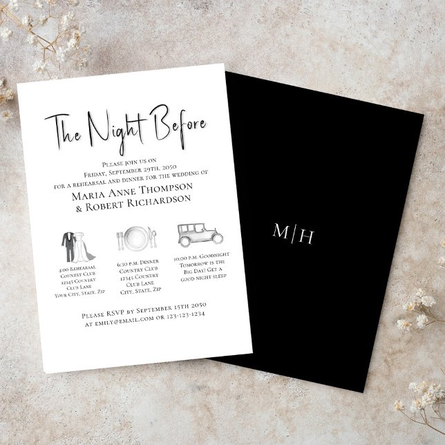 Återkallningsmiddag för tidslinjen elegant bröllop inbjudningar (The Night Before, wedding rehearsal dinner invitation template. )