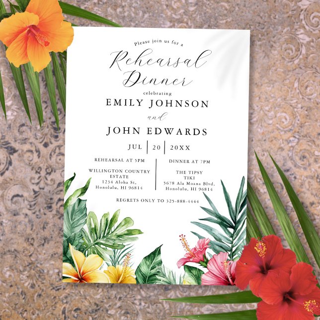 Återkallningsmiddag för tropiska våningsblommor inbjudningar (Watercolor Tropical Flowers Rehearsal Dinner Invitation)