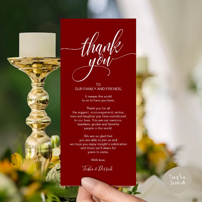 Återkallningsmiddag Tack för att du ställer in kor Program (Rehearsal Dinner Thank you Modern Classy Place Setting Card Burgundy Wine Red)