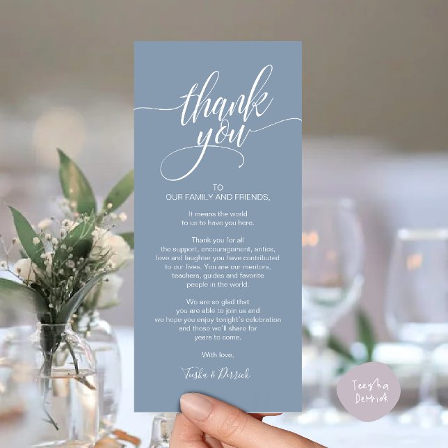 Återkallningsmiddag Tack för att du ställer in kor Program (Rehearsal Dinner Thank you Modern Classy Place Setting Card Dusty Blue)
