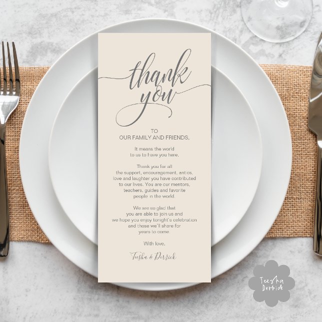 Återkallningsmiddag Tack för att du ställer in kor Program (Rehearsal Dinner Thank you Modern Classy Place Setting Card Cream Grey)