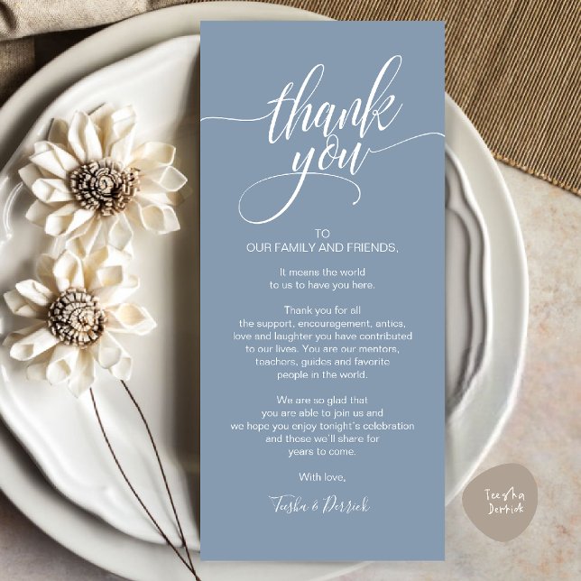Återkallningsmiddag Tack för att du ställer in kor Program (Rehearsal Dinner Thank you Place Setting Card in Dusty Blue)