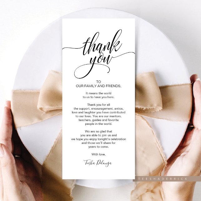 Återkallningsmiddag Tack för att du ställer in kor Program (Rehearsal Dinner and Post Wedding Brunch Celebration, Place Setting Thank You Card, Plate Decoration)