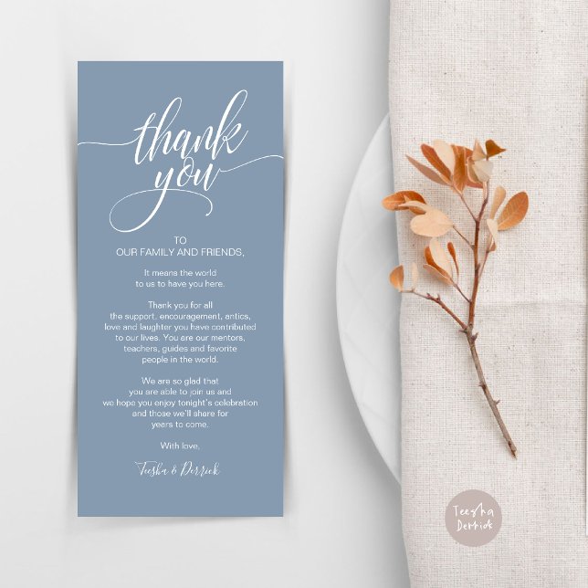 Återkallningsmiddag Tack för att du ställer in kor Program (Rehearsal Dinner Wedding Brunch Celebration, Place Setting Thank You Card, in Dusty Blue)