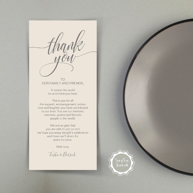 Återkallningsmiddag Tack för att du ställer in kor Program (Rehearsal Dinner Wedding Brunch Celebration, Place Setting Thank You Card, in Cream Grey)