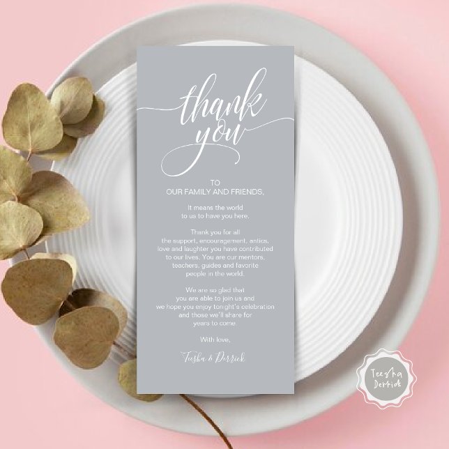 Återkallningsmiddag Tack för att du ställer in kor Program (Wedding Dinner Place Setting Thank You Card, Modern Classy Elegant Script, Chill Grey)
