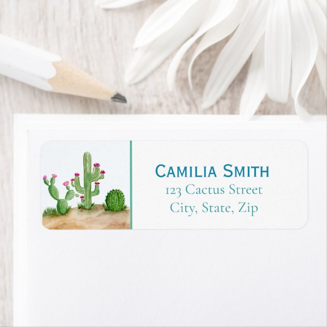 Återkomst av vattenfärgen sydväst Blommar Cactus Returadress Etikett (Insitu)