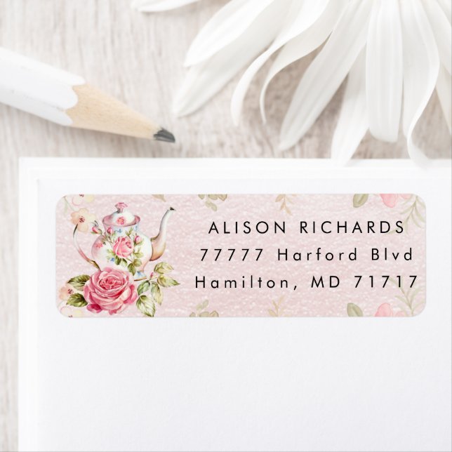 Återkomst till Bebisduschen Tea Party Returadress Etikett (Insitu)