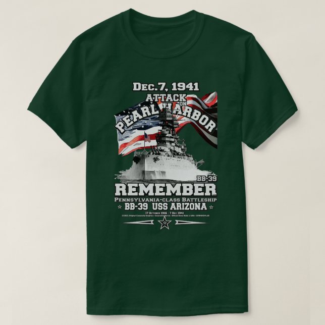ÅTERMEDLEM Pearl Harbour USS ARIZONA BB39 T Shirt (Design framsida)