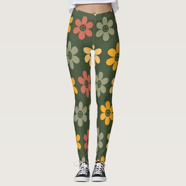 Återställ Blommönster på gröntens bakgrund Leggings (Framsida)