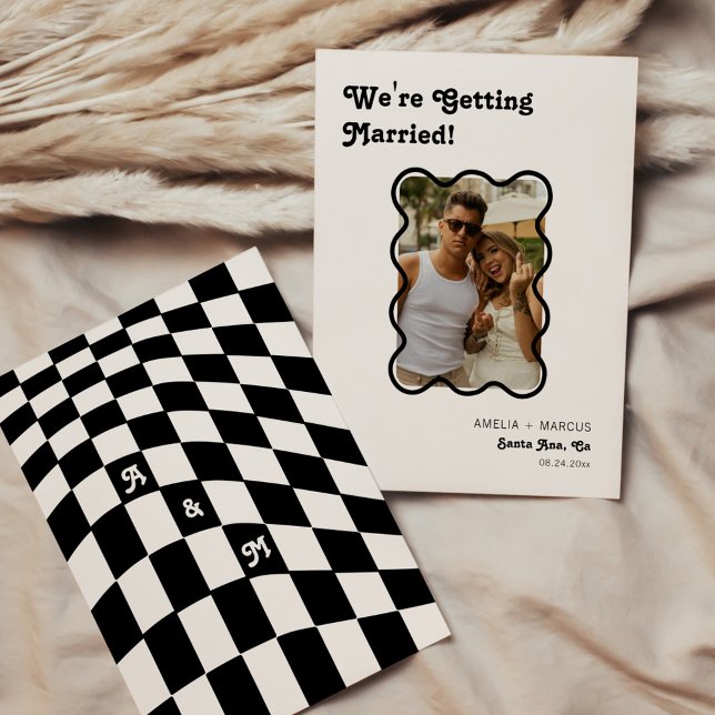 Återställ modern Chic Black Checker Spara datum Inbjudningar (Skapare uppladdad)