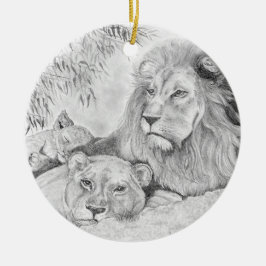 Återställning av lejon familj julgransprydnad keramik