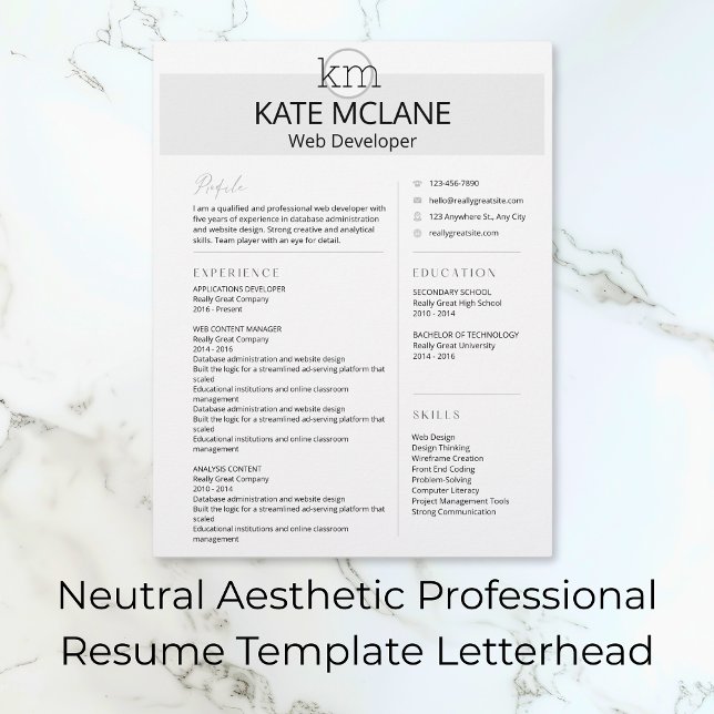 Återuppta mall för neutraltens estetiska Professio Brevhuvud (Neutral Aesthetic Professional Resume Template Letterhead)
