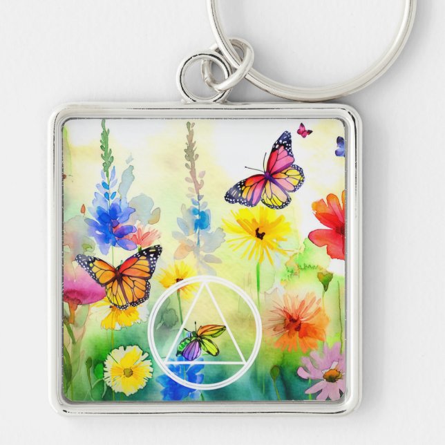 Återvinning av symboler och blommor fyrkantig silverfärgad nyckelring (Framsidan)