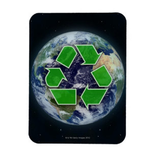 Återvinningsymbol och planetjord magnet