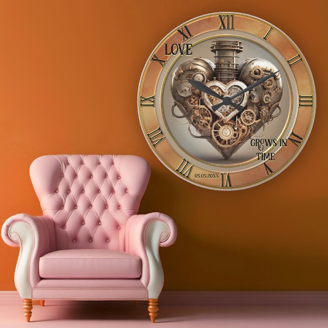 Återvunnet Steampunk-hjärta jubileumsklocka Rund Klocka (Wall clock featuring a steampunk heart with vintage Roman clock numbers in a gold classic style)