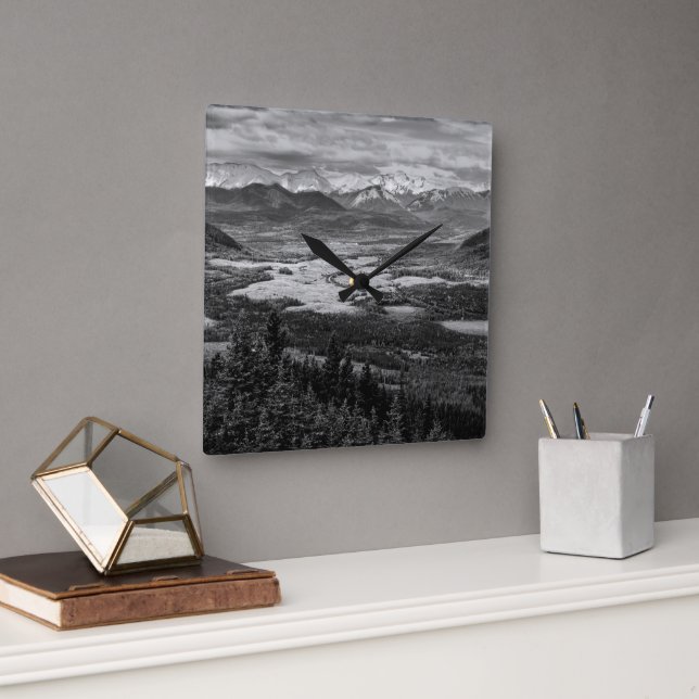 Athabasca Lookout, monokrome Scenery Photography Fyrkantig Klocka (Kontor)