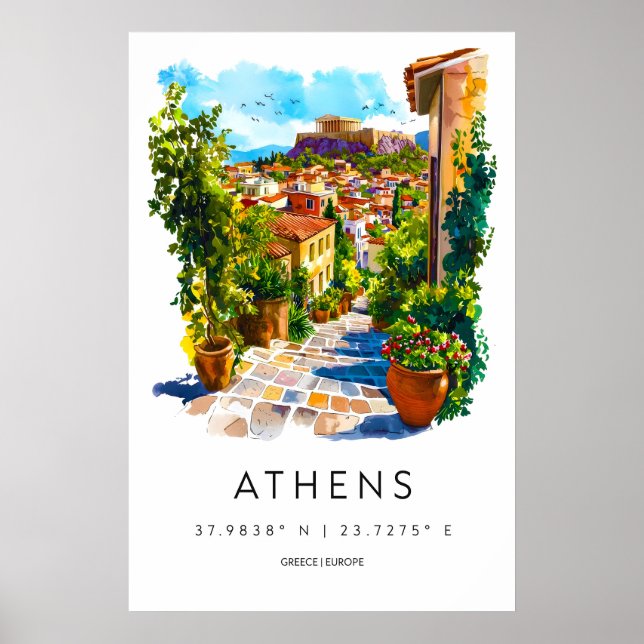 Athen akvarellaffisch Athen resertryck Poster (Framsidan)