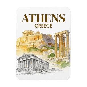 Athen Grekland Akropolis Akvarell Skiss Resa Magnet