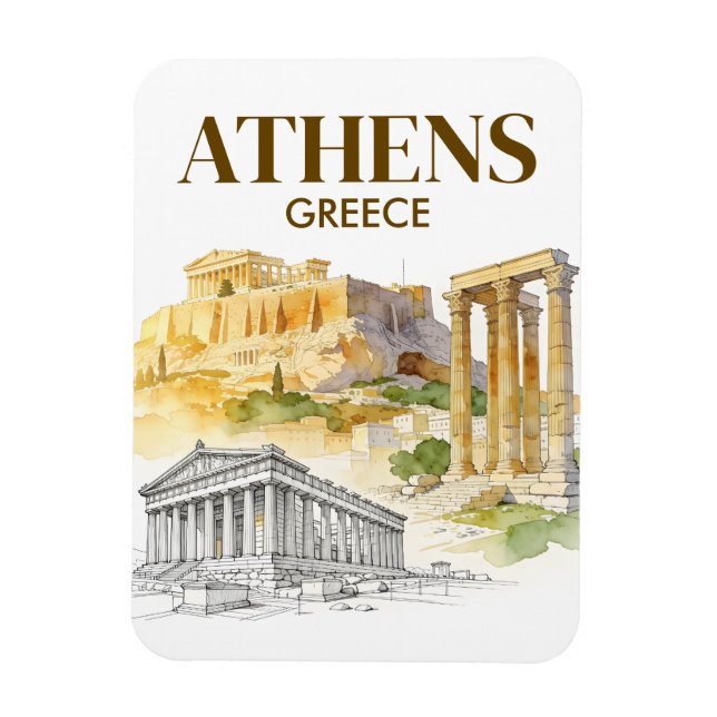 Athen Grekland Akropolis Akvarell Skiss Resa Magnet (Vertikal)