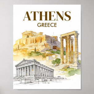Athen Grekland Akropolis Akvarell Skiss Resa Poster