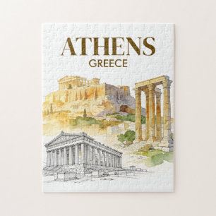 Athen Grekland Akropolis Akvarell Skiss Resa Pussel