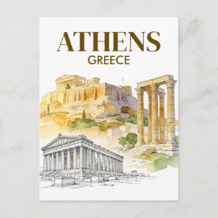 Athen Grekland Akropolis Akvarell Skiss Resa Vykort
