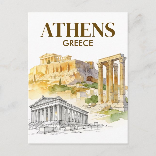 Athen Grekland Akropolis Akvarell Skiss Resa Vykort (Framsida)