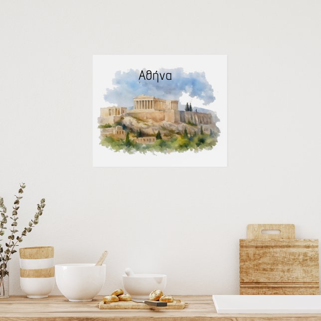 Athen Grekland Akropolis Parthenon Akvarell Poster (Kök)