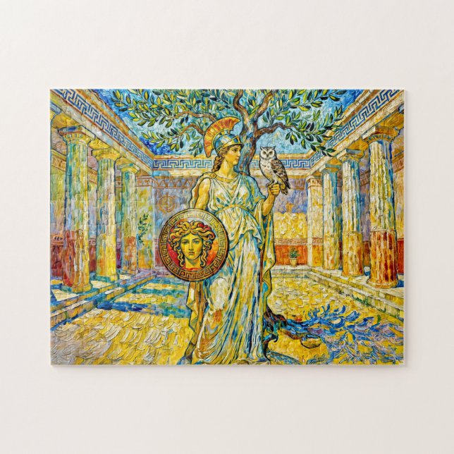 Athena med uggla och sköld vid olivträd i tempel pussel (Horisontell)