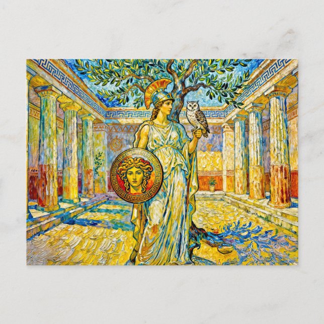 Athena med uggla och sköld vid olivträd i tempel vykort (Framsida)