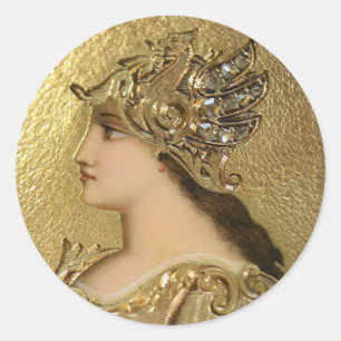 ATHENA PORTRÄTT MED GOLDEN HELMET OCH GRIFFINS RUNT KLISTERMÄRKE