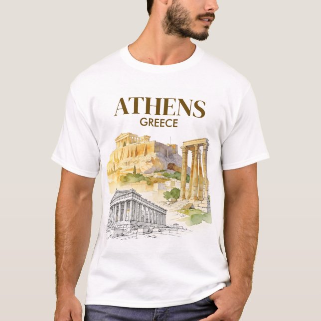 Athens Greece Acropolis Watercolor Sketch Custom T Shirt (Framsida)