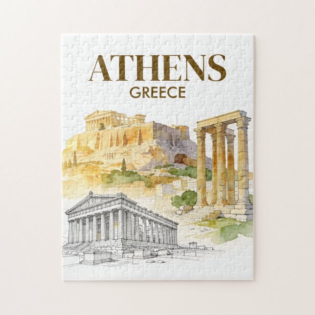 Athens Greece Acropolis Watercolor Sketch Travel Pussel (Vertikal)