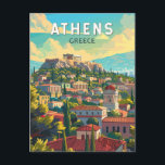 Athens Grekland Resa Konst Vintage Vykort<br><div class="desc">Athens retro vektorgrafisk resedesign. Staden domineras fortfarande av landmärken från 400-talet f.Kr.,  inklusive Akropolis,  en citadell på en kulle med antika byggnader som tempel med kolonner som Parthenon.</div>