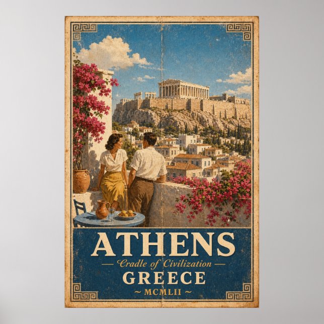 Athens Vintage Reseskilt Grekland Akropolis Vägg Poster (Framsidan)