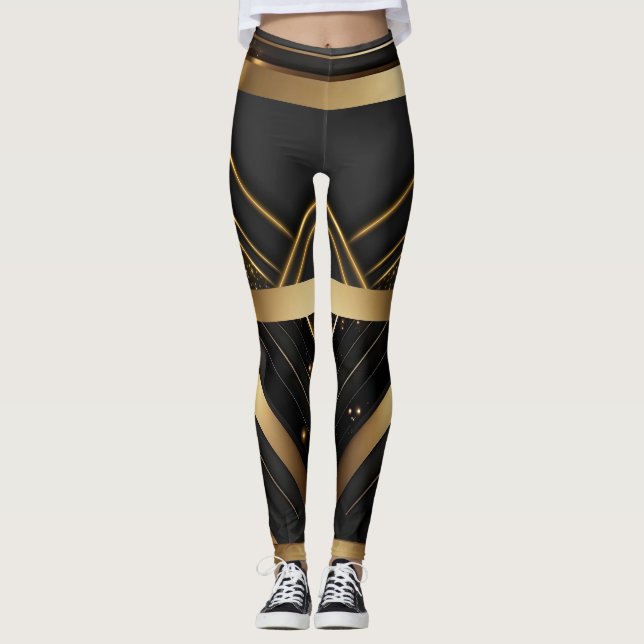 Athletic Modern Geometric Black and Guld Leggings (Framsida)