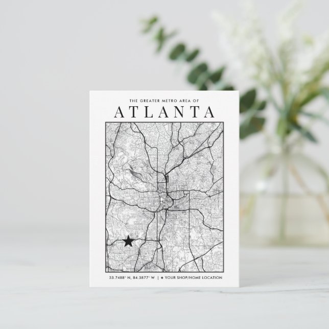 Atlanta City Karta + Location Marker Postcard Vykort (Stående Fram)